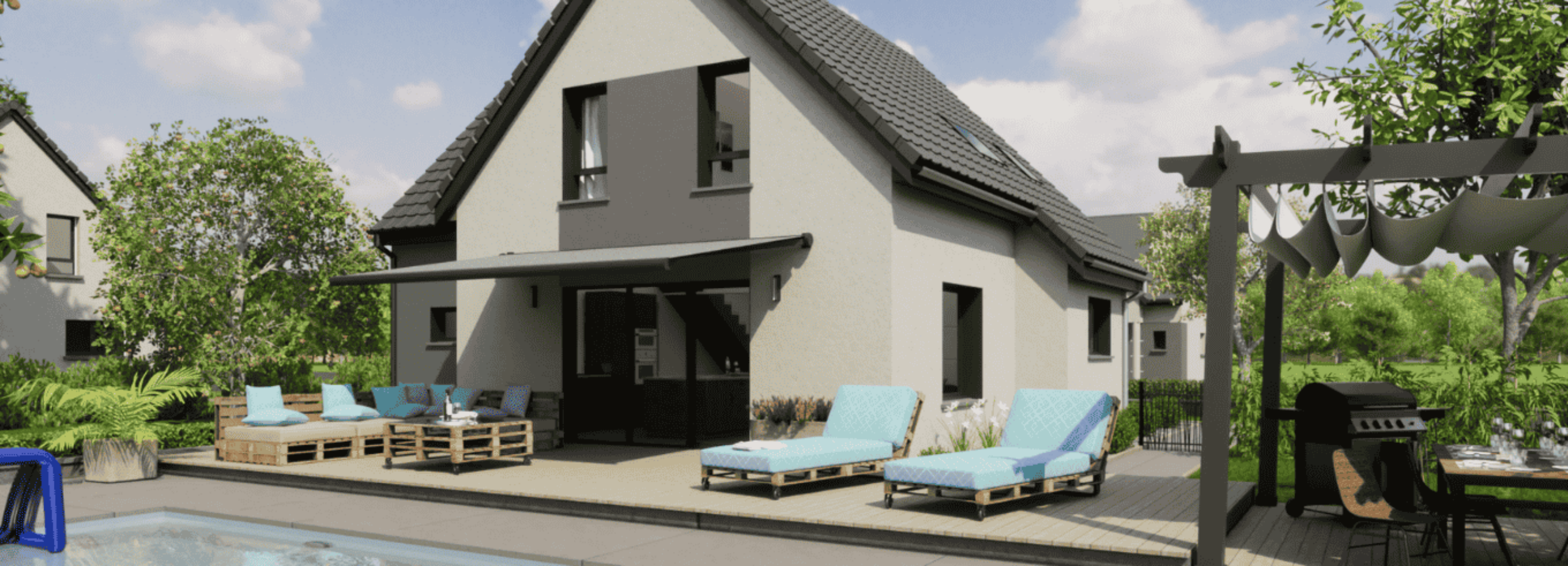 maison contemporaine toit deux pans avec piscine et grande terrasse