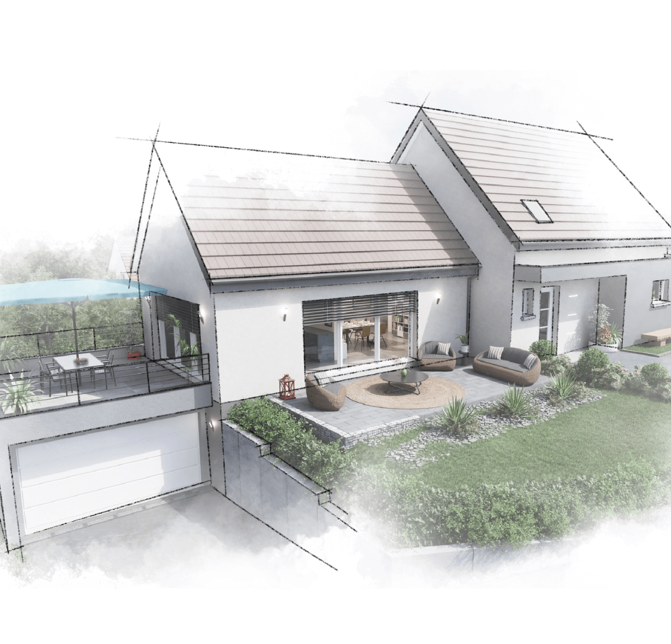 maison architecture double toiture crayonnee