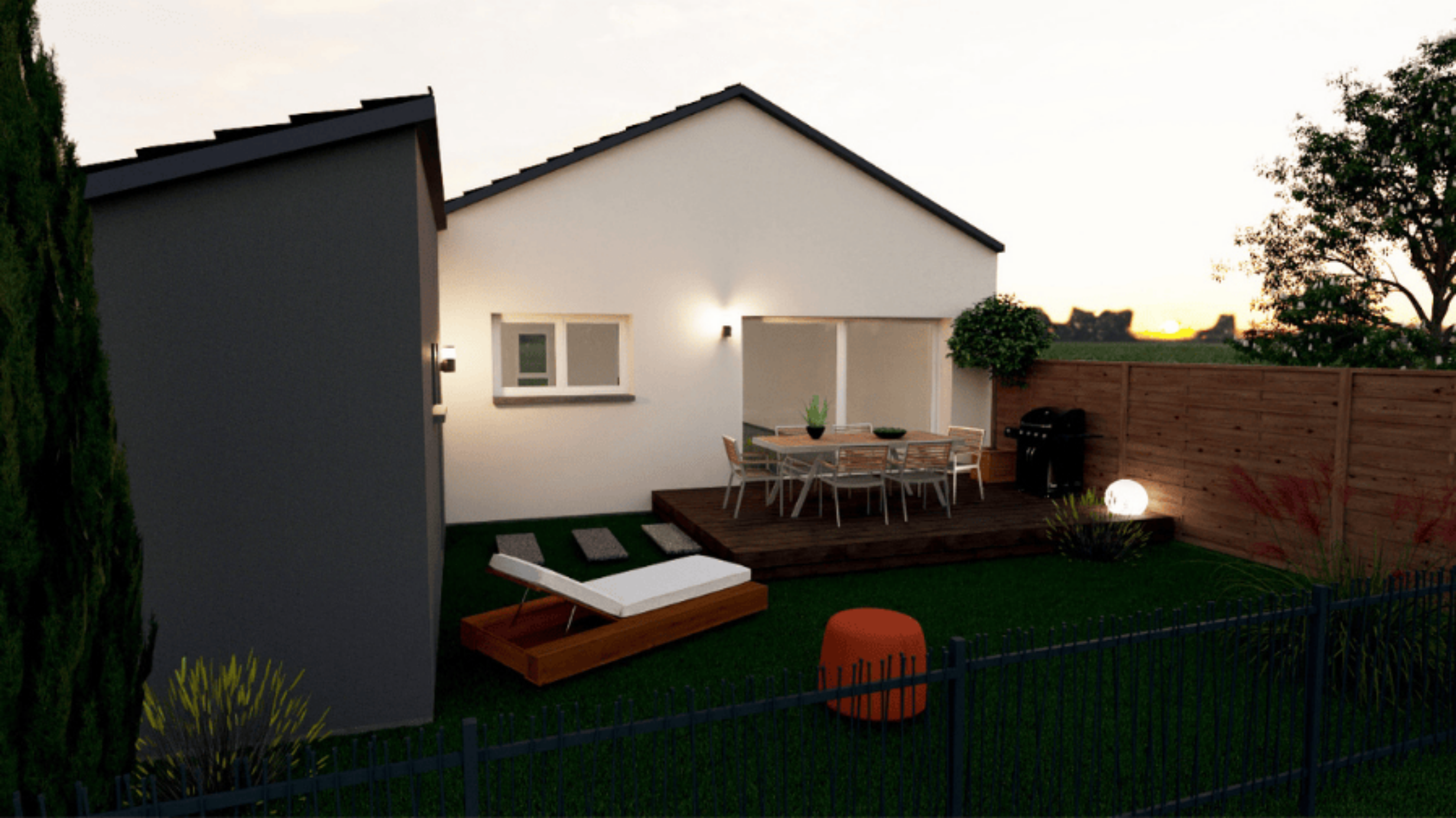 maison moderne vue arriere avec terrasse bois et petit jardin